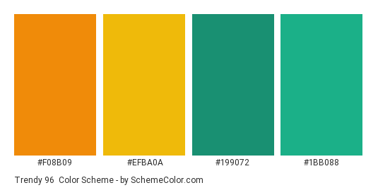 Trendy 96 - Color scheme palette thumbnail - #f08b09 #efba0a #199072 #1bb088 