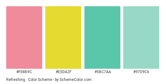 Refreshing & Pretty - Color scheme palette thumbnail - #f08b9c #E5DA2F #5bc7aa #97d9c6 