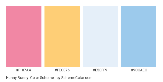 Hunny Bunny - Color scheme palette thumbnail - #f187a4 #fece76 #e5eff9 #9ccaec 