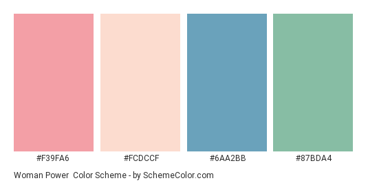 Woman Power - Color scheme palette thumbnail - #f39fa6 #fcdccf #6aa2bb #87bda4 