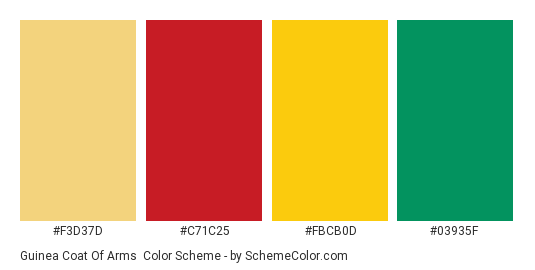 Guinea Coat of Arms - Color scheme palette thumbnail - #f3d37d #c71c25 #fbcb0d #03935f 