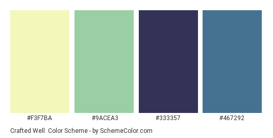 Crafted Well - Color scheme palette thumbnail - #f3f7ba #9acea3 #333357 #467292 