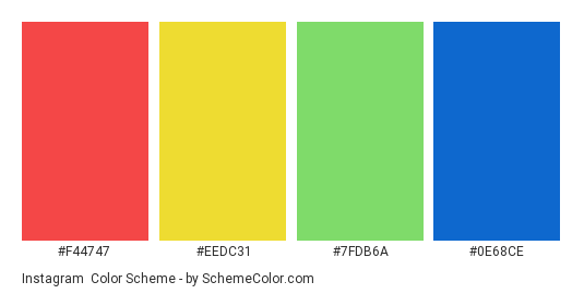 Instagram - Color scheme palette thumbnail - #f44747 #eedc31 #7fdb6a #0e68ce 