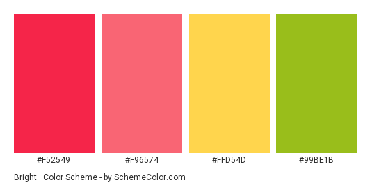Bright & Tropical - Color scheme palette thumbnail - #f52549 #f96574 #ffd54d #99be1b 