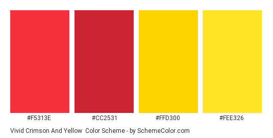 Vivid Crimson and Yellow - Color scheme palette thumbnail - #f5313e #cc2531 #ffd300 #fee326 
