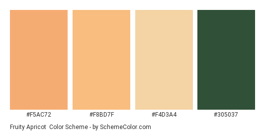 Fruity Apricot - Color scheme palette thumbnail - #f5ac72 #f8bd7f #f4d3a4 #305037 
