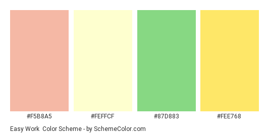 Easy Work - Color scheme palette thumbnail - #f5b8a5 #feffcf #87d883 #fee768 