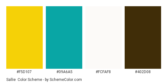 Sallie - Color scheme palette thumbnail - #f5d107 #09a6a5 #fcfaf8 #402d08 