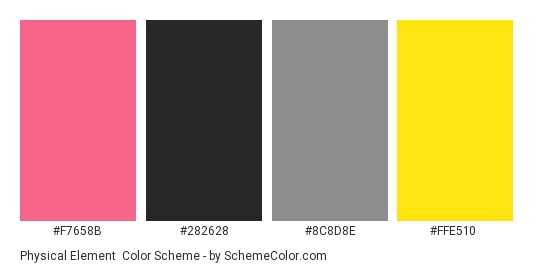 Physical Element - Color scheme palette thumbnail - #f7658b #282628 #8c8d8e #ffe510 