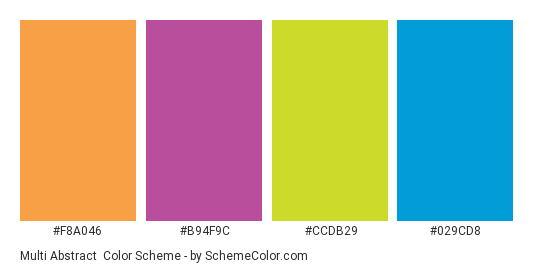 Multi Abstract - Color scheme palette thumbnail - #f8a046 #b94f9c #ccdb29 #029cd8 