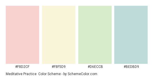 Meditative Practice - Color scheme palette thumbnail - #f8d2cf #f8f5d9 #d6eccb #bedbd9 