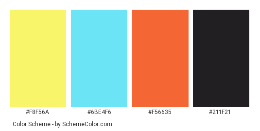 African Necklace - Color scheme palette thumbnail - #f8f56a #6be4f6 #f56635 #211f21 