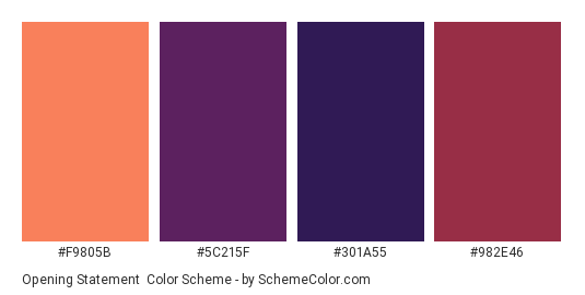 Opening Statement - Color scheme palette thumbnail - #f9805b #5c215f #301a55 #982e46 