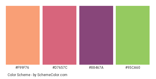 Colorful Macaroons - Color scheme palette thumbnail - #f99f76 #d7657c #88467a #95ca60 