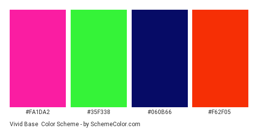 Vivid Base - Color scheme palette thumbnail - #fa1da2 #35f338 #060b66 #f62f05 
