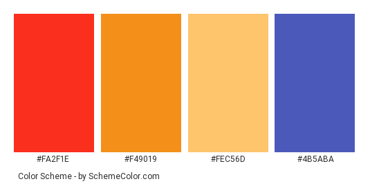 Little Kingfisher - Color scheme palette thumbnail - #fa2f1e #f49019 #fec56d #4b5aba 
