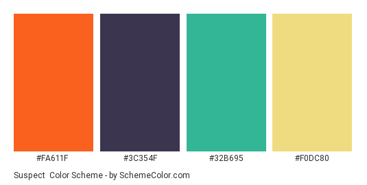 Suspect - Color scheme palette thumbnail - #fa611f #3c354f #32b695 #f0dc80 