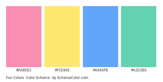 Fun Colors - Color scheme palette thumbnail - #fa8eb2 #fce86e #60a6fb #62d2b0 