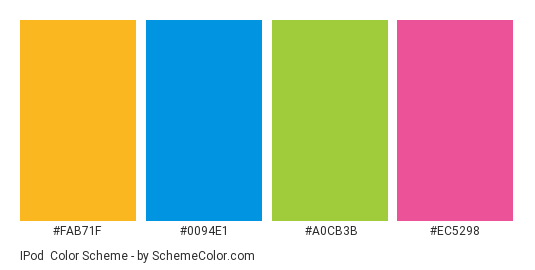 iPod - Color scheme palette thumbnail - #fab71f #0094e1 #a0cb3b #ec5298 