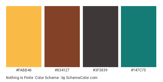 Nothing is Finite - Color scheme palette thumbnail - #fabb46 #834127 #3f3839 #147c75 