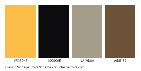Classic Signage - Color scheme palette thumbnail - #fabd48 #0c0c0e #a49d8a #6d5139 