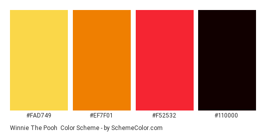Winnie The Pooh - Color scheme palette thumbnail - #fad749 #ef7f01 #f52532 #110000 