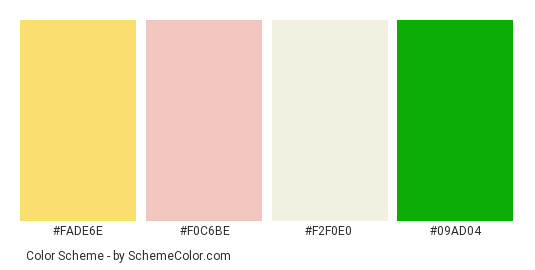 Macaroons Laid Out - Color scheme palette thumbnail - #fade6e #f0c6be #f2f0e0 #09ad04 
