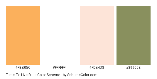 Time to Live Free - Color scheme palette thumbnail - #fbb05c #ffffff #fde4d8 #89905e 