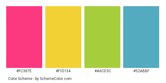 Brightly Coloured Spoons - Color scheme palette thumbnail - #fc387e #f1d134 #a6cd3c #52abbf 