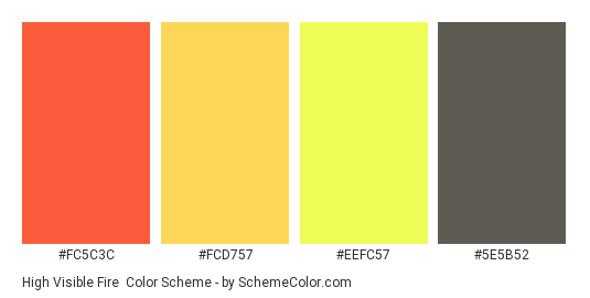 High Visible Fire - Color scheme palette thumbnail - #fc5c3c #fcd757 #eefc57 #5e5b52 