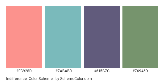 Indifference - Color scheme palette thumbnail - #fc928d #7ababb #615b7c #76946d 