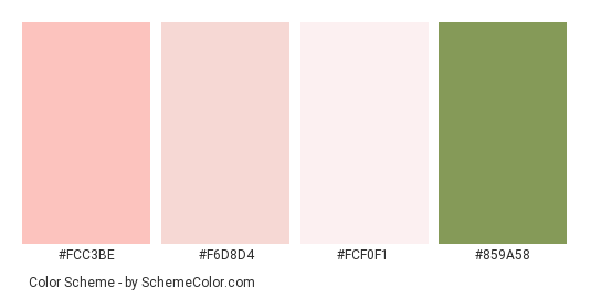 Wild Pink Roses - Color scheme palette thumbnail - #fcc3be #f6d8d4 #fcf0f1 #859a58 