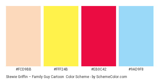 Stewie Griffin – Family Guy Cartoon - Color scheme palette thumbnail - #fcd9bb #fff24b #eb0c42 #9ad9f8 