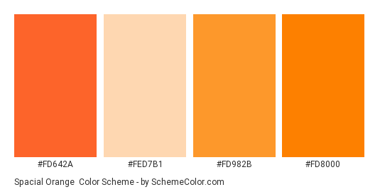 Spacial Orange - Color scheme palette thumbnail - #fd642a #fed7b1 #fd982b #fd8000 