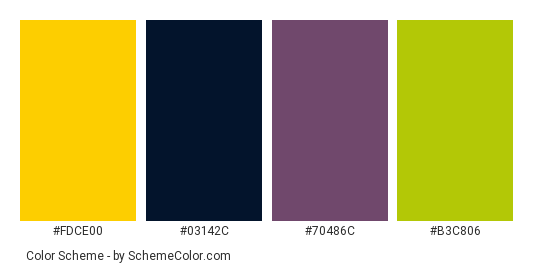Lone Toucan - Color scheme palette thumbnail - #fdce00 #03142c #70486c #b3c806 