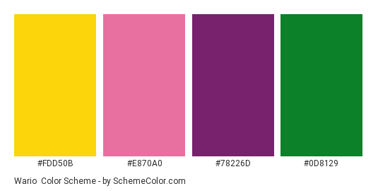 Wario - Color scheme palette thumbnail - #fdd50b #e870a0 #78226d #0d8129 