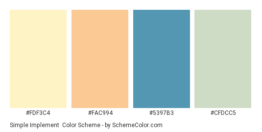 Simple Implement - Color scheme palette thumbnail - #fdf3c4 #fac994 #5397b3 #cfdcc5 