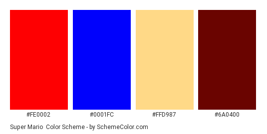 Super Mario - Color scheme palette thumbnail - #fe0002 #0001fc #ffd987 #6a0400 