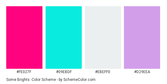 Some Brights - Color scheme palette thumbnail - #fe027f #09ebdf #ebeff0 #d29eea 