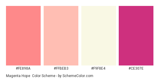 Magenta Hope - Color scheme palette thumbnail - #fe898a #ffbeb3 #f9f8e4 #ce307e 