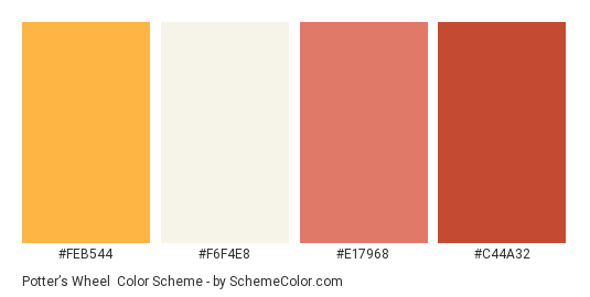 Potter’s Wheel - Color scheme palette thumbnail - #feb544 #f6f4e8 #e17968 #c44a32 