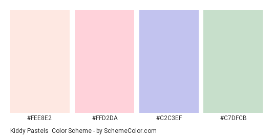 Kiddy Pastels - Color scheme palette thumbnail - #fee8e2 #ffd2da #c2c3ef #c7dfcb 