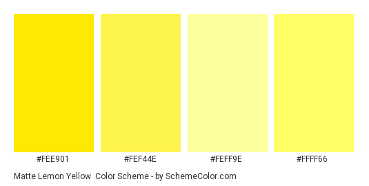 Matte Lemon Yellow - Color scheme palette thumbnail - #fee901 #fef44e #feff9e #ffff66 