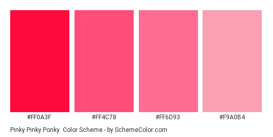 Pinky Pinky Ponky - Color scheme palette thumbnail - #ff0a3f #ff4c78 #ff6d93 #f9a0b4 
