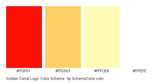 Golden Corral Logo - Color scheme palette thumbnail - #ff0f01 #ffd063 #fffcb8 #fffefe 