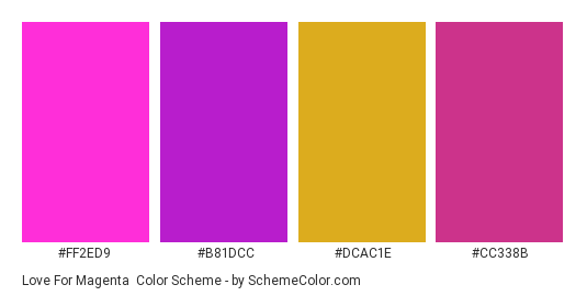 Love for Magenta - Color scheme palette thumbnail - #ff2ed9 #b81dcc #dcac1e #cc338b 