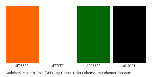 Bodoland People’s Front (BPF) Flag Colors - Color scheme palette thumbnail - #ff6600 #ffffff #006600 #010101 