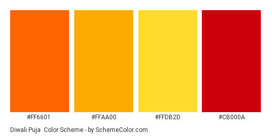 Diwali Puja - Color scheme palette thumbnail - #ff6601 #ffaa00 #ffdb2d #cb000a 