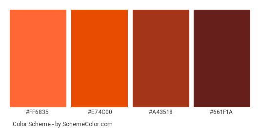 Hot Rocks - Color scheme palette thumbnail - #ff6835 #e74c00 #a43518 #661f1a 