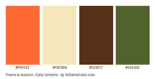 Frame in Autumn - Color scheme palette thumbnail - #ff6933 #f5e9bb #553017 #50642e 
